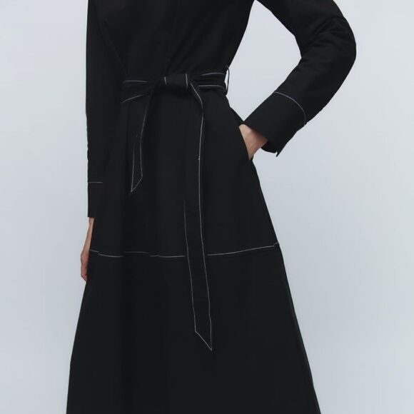 Zara black belted dress with contrast top stitching NWT - Picture 4 of 6